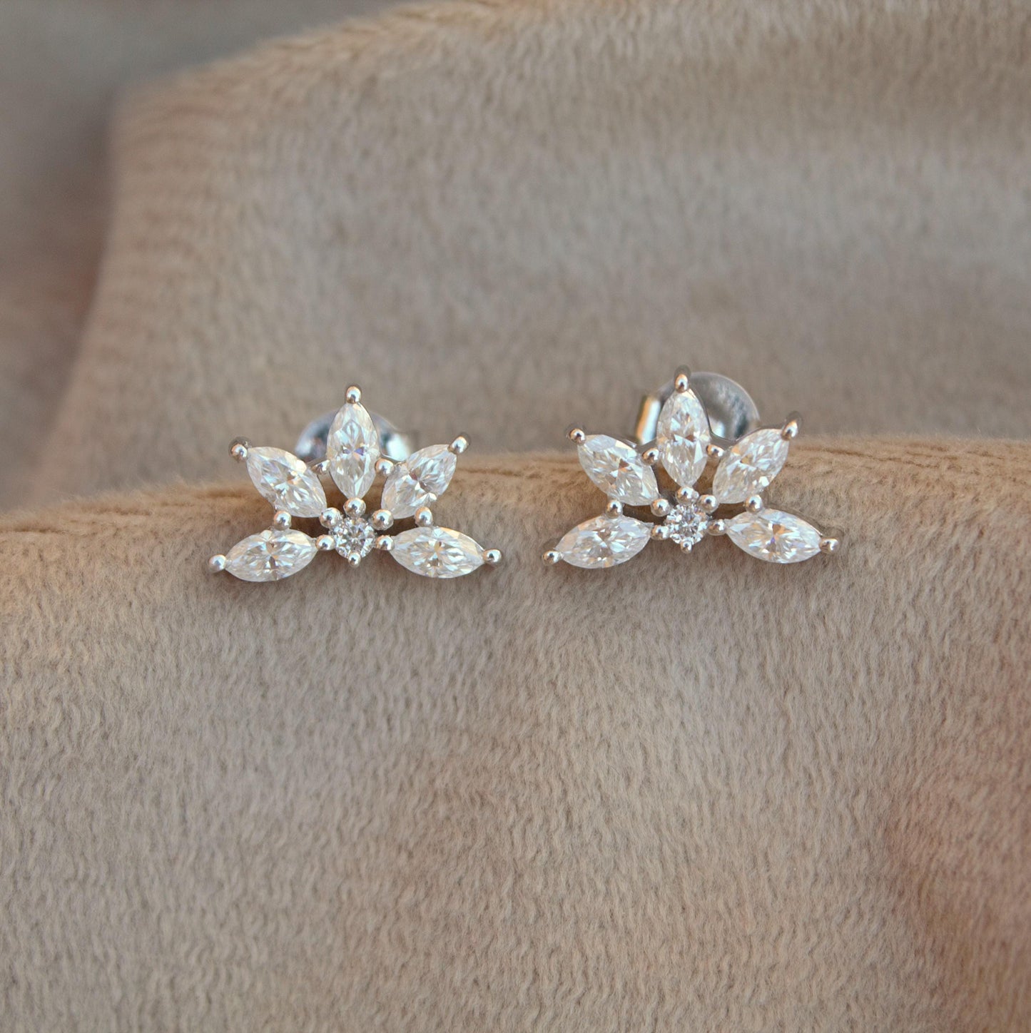 Half Flower Elegant Moissanite Stud Earrings, 925 Sterling Silver Marquise Stud Earrings, Minimalist Perfect Wedding Jewelry, Beautiful Stud