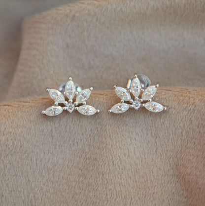 Half Flower Elegant Moissanite Stud Earrings, 925 Sterling Silver Marquise Stud Earrings, Minimalist Perfect Wedding Jewelry, Beautiful Stud