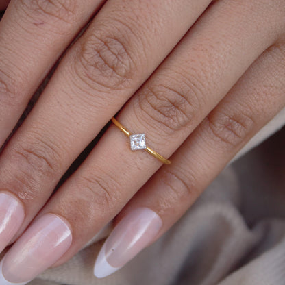 18K Solid Gold Minimalist Ring, 1 Gram Moissanite Ring, Dainty Moissanite Gold Ring, Princess Cut Single Stone Ring For Daughter