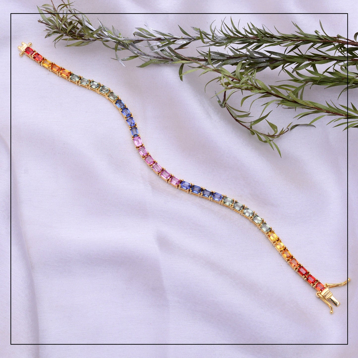 Rainbow Sapphire Tennis Bracelet, Solid Gold Emerald Cut Bracelet, Colorful Dainty Bracelet, Natural Gemstone Jewelry, Bracelet for Women