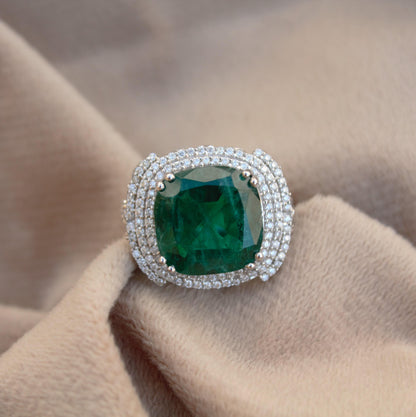 Green Inclusion Emerald with Moissanite Ring, 925 Sterling Silver Vintage Prong Set Ring, Victorian Style Ring, Halo Ring, Perfect for Gift