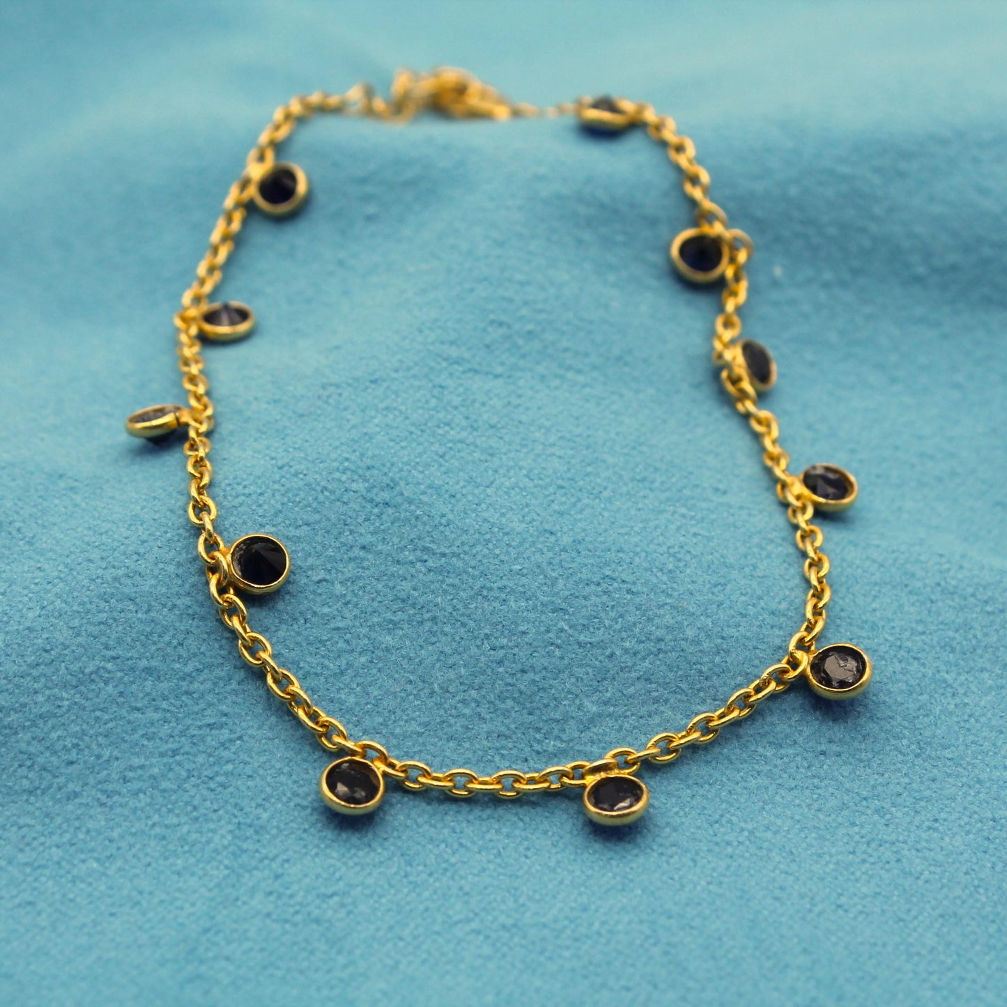 Blue Sapphire Charm Necklace and Bracelet, 925 Sterling Silver Chain Necklace, Bezel Necklace Bracelet Set, Adjustable Chain Necklace