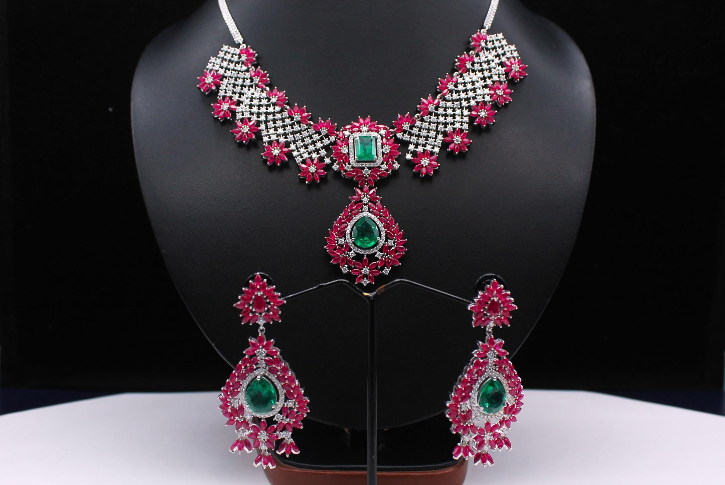 Ruby, Emerald with Moissanite Necklace, Party Wear 925 Sterling Silver Jewelry Set, Anniversary Gift For Wife, Beautiful Wedding Necklace