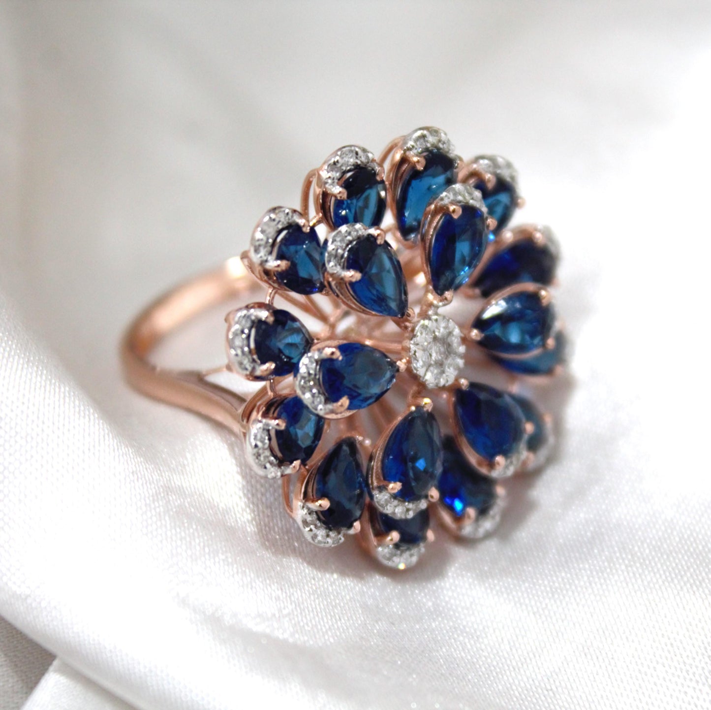 Blue Sapphire & Diamond Flower Ring, Handmade Solid Gold Solitaire Jewelry, Victorian Style Elegant Designer Floral Jewelry for Engagement