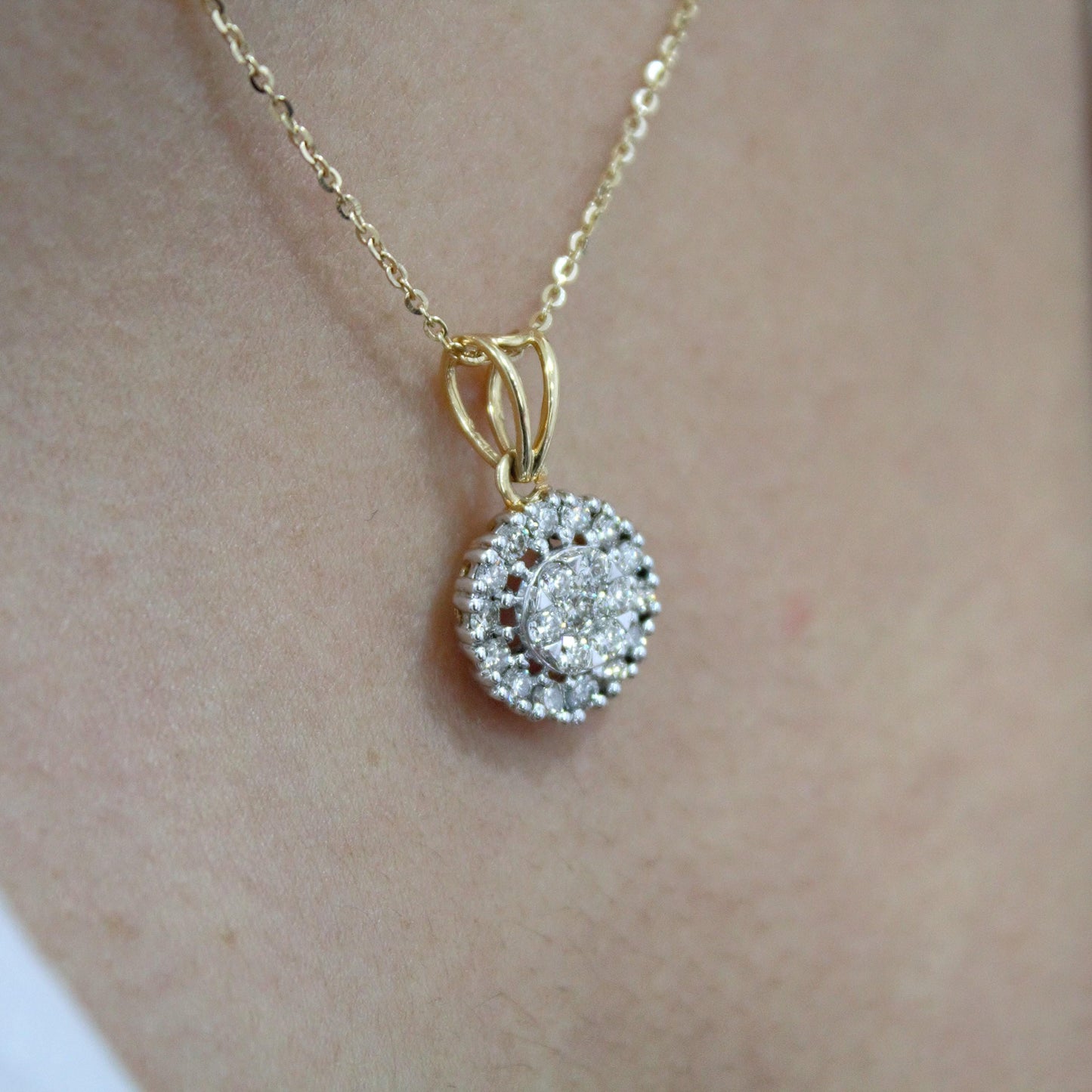 18K Gold Halo Solitaire Pendant Necklace, Real Diamond Jewelry Bridal Necklace, Dainty Gold Jewelry, Chain Necklace For Wedding Gift