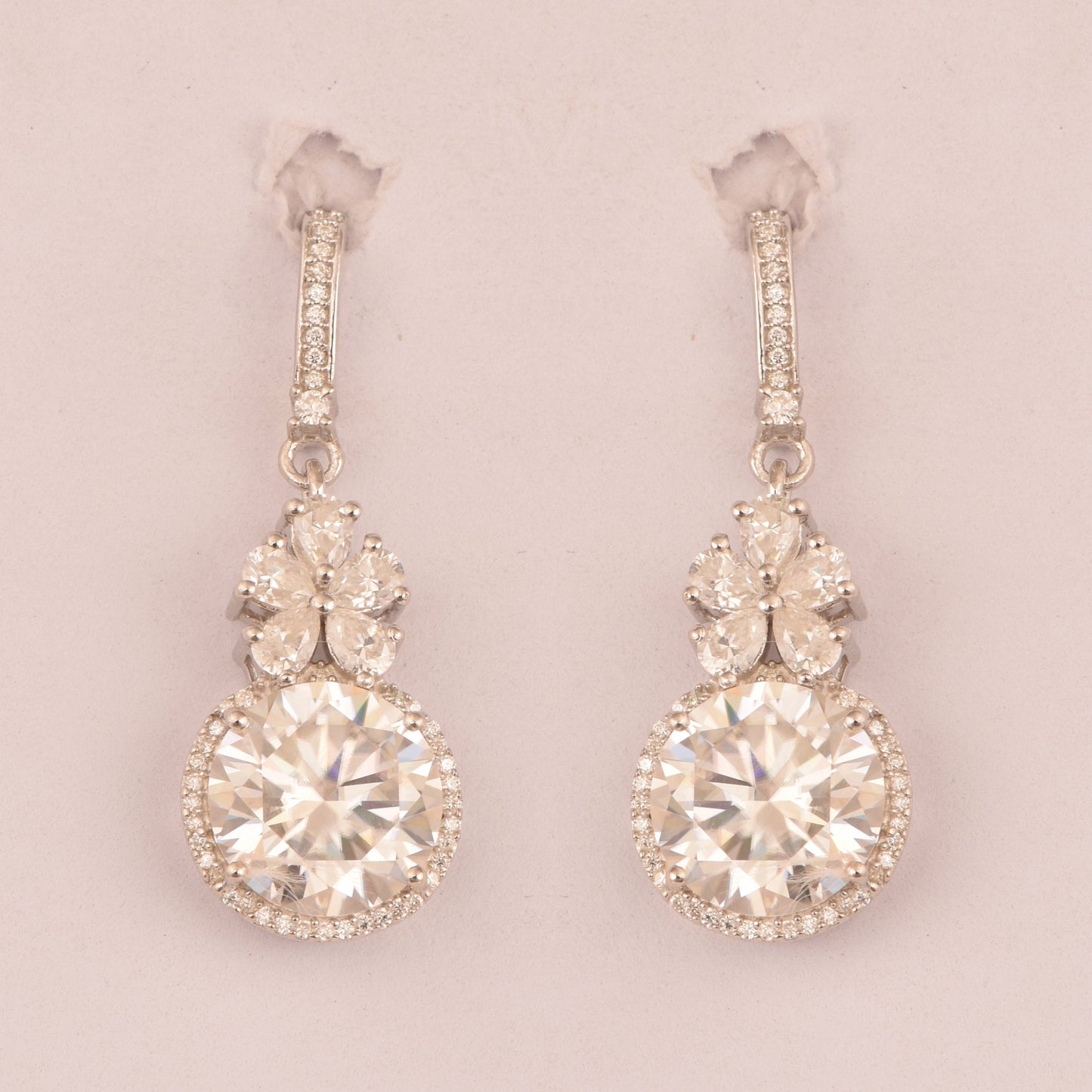 White Gold Moissanite Earrings, Designer Engagement Earrings, Floral Earrings, Colorless Moissanite Jewelry, 14K Gold Earrings for Bride