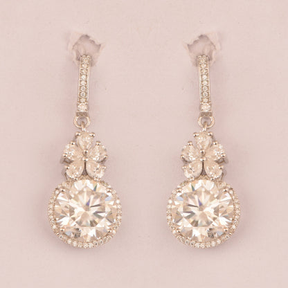 White Gold Moissanite Earrings, Designer Engagement Earrings, Floral Earrings, Colorless Moissanite Jewelry, 14K Gold Earrings for Bride