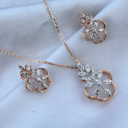 18k Solid Rose Gold Necklace Set, Real Diamond Jewelry Set for Her, Diamond Necklace with Stud Earrings, IGI Certified Jewelry Birthday Gift