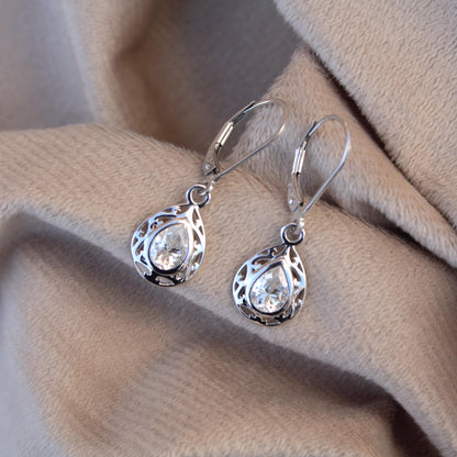 White Moissanite Lever Back Earrings – 925 Sterling Silver Filigree Jewelry, Minimalist Art Deco Earrings, Teardrop 925 Silver Jewelry, Gift