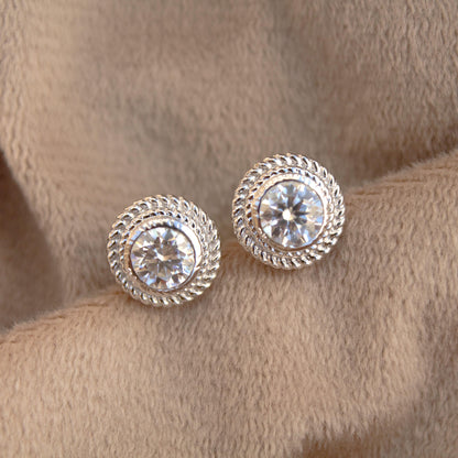 Round Moissanite Bezel Setting Earrings, Push Back Minimalist Silver Earrings, Anniversary Gift for Wife, Designer Solitaire Stud Earrings