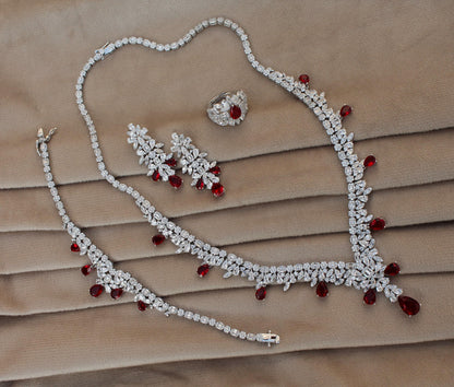 Silver CZ Jewelry Set, Designer Wedding Jewelry For Bride, 925 Sterling Silver Necklace-Earrings-Bracelet-Ring Set Gift For Valentines Day