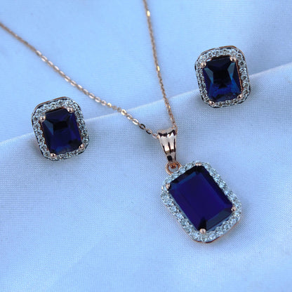 Blue Sapphire with Real Diamond Jewelry Set, 18k Rose Gold Solitaire Halo Pendant with Stud Earrings, Emerald Cut Necklace Earrings Set