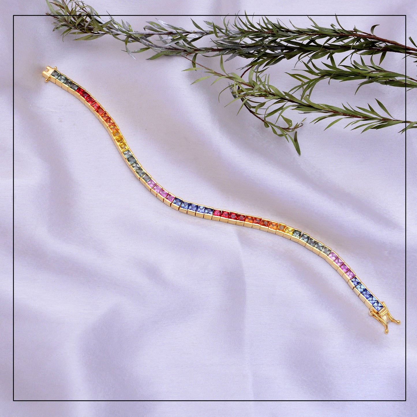 Rainbow Sapphire Bracelet, Princess Cut Sapphire Jewelry, Multi Color Bezel Setting Bracelet, Dainty Gold Bracelet, Anniversary Gift for Her