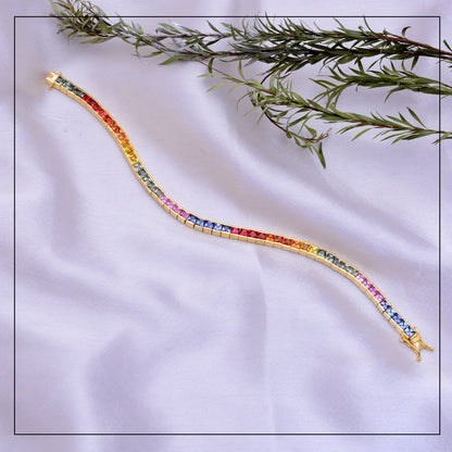 Rainbow Sapphire Bracelet, Princess Cut Sapphire Jewelry, Multi Color Bezel Setting Bracelet, Dainty Gold Bracelet, Anniversary Gift for Her