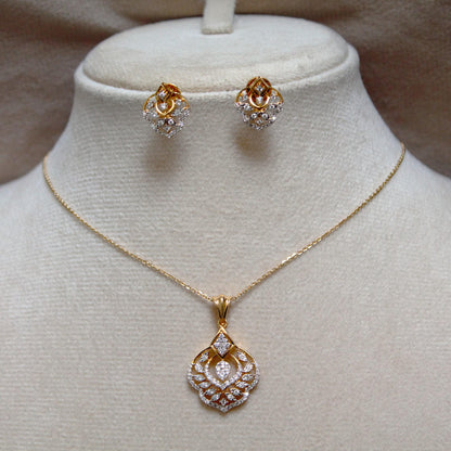 Solid 18K Yellow Gold Diamond Jewelry Set, Designer Gold Stud Earrings and Chain Pendant Set, Wedding Bridal Gold Jewelry Set, Perfect Gift