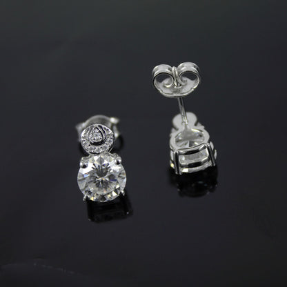 Statement Moissanite Stud Dangle Earrings, Round Cut White Stone Everyday Earrings, 925 Sterling Silver Push Back Earrings, Ready To Ship