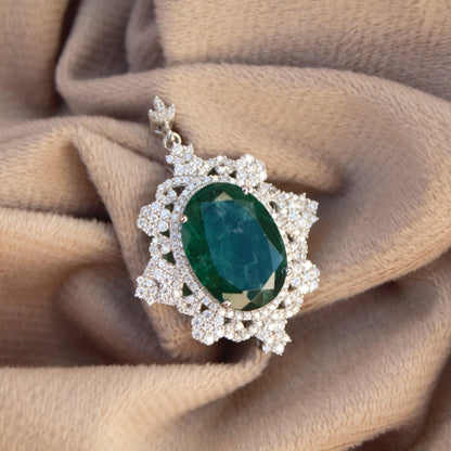 Moissanite & Green Inclusions Emerald Pendant for Gift, Designer Sterling Silver Pendant, 925 Silver Pendant for Chain, Victorian Jewelry