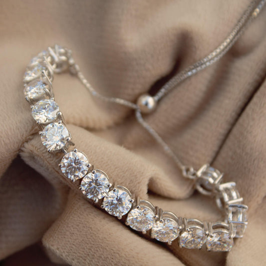 Round Cut Moissanite Silver Chain Bracelet, 925 Sterling Silver Adjustable Bracelet for Her, Statement Bracelet, Wedding Gift for Women