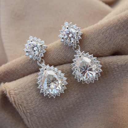 Pear Moissanite Drop Earrings, 925 Sterling Silver Push Back Earrings, Designer Dangle Earrings, Silver Bridal Earrings, Moissanite Jewelry