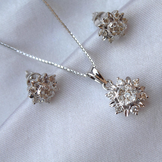 Solid White Gold Solitaire Jewelry Set, 18k Gold Real Diamonds Jewelry, Charm Pendant Necklace with Stud Earrings, Minimalist Handmade Gift