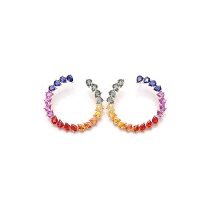 Rainbow Sapphire Big Hoops Earrings, Huggie Earrings, 14K Gold Earrings for Bride, Statement Gold Earrings, Multi Color Wedding Earrings