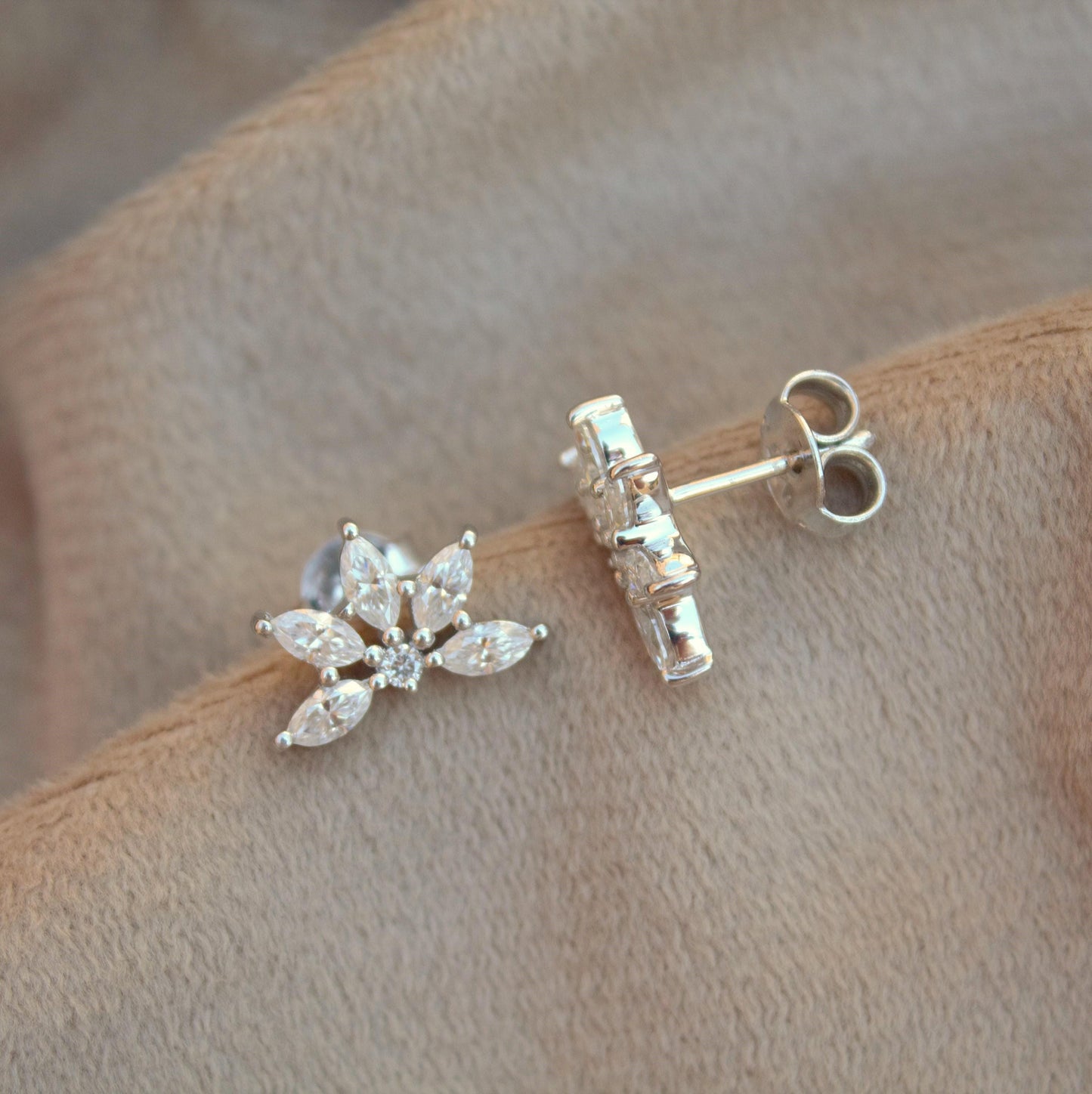 Half Flower Elegant Moissanite Stud Earrings, 925 Sterling Silver Marquise Stud Earrings, Minimalist Perfect Wedding Jewelry, Beautiful Stud