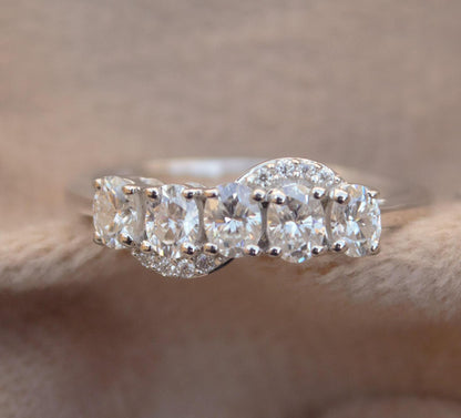 Silver Half Eternity Stackable Ring Band, Oval Cut White Moissanite Ring, Handmade Stacking Ring, Wedding Band, Vintage Women's Band Ring