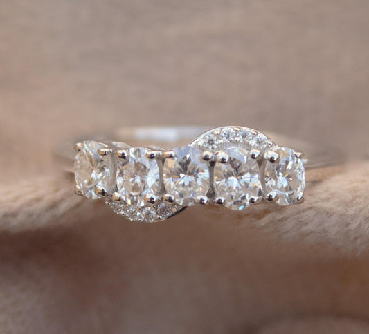 Silver Half Eternity Stackable Ring Band, Oval Cut White Moissanite Ring, Handmade Stacking Ring, Wedding Band, Vintage Women's Band Ring