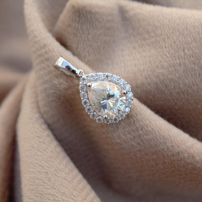 Teardrop Solitaire Halo Pendant in 925 Sterling Silver, Moissanite Silver Charm Pendant, Pear Shape Pendant, Minimalist Pendant for Women
