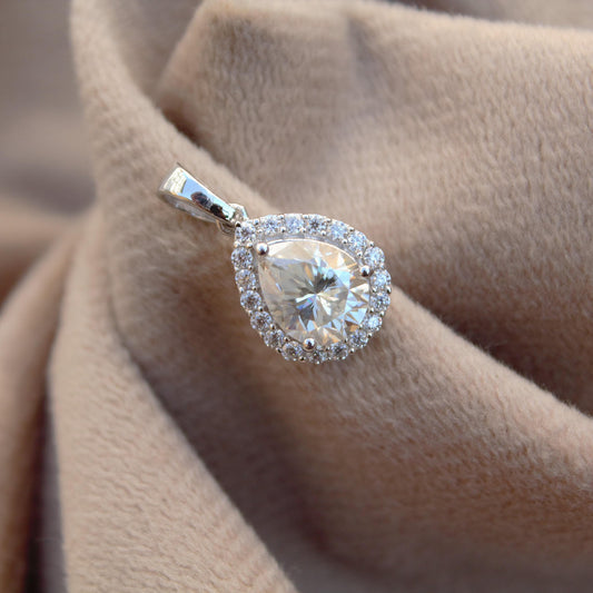 Teardrop Solitaire Halo Pendant in 925 Sterling Silver, Moissanite Silver Charm Pendant, Pear Shape Pendant, Minimalist Pendant for Women