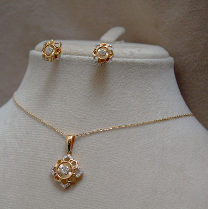 18k Yellow Gold Necklace with Earrings, Real Diamond Jewelry Set, Gold Diamond Jewelry for Her, Minimalist Charm Pendant with Chain and Stud