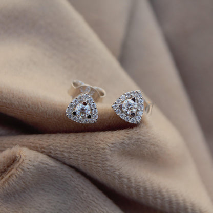925 Sterling Silver Moissanite Stud Earrings, Trillion Shape Tiny Earrings for Girls, Round Cut Handmade Halo Earrings, Minimalist Studs