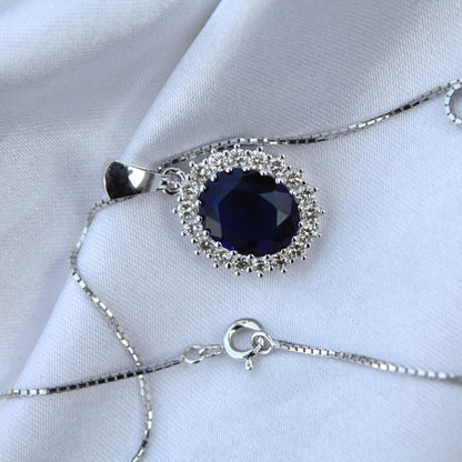 Oval Blue Sapphire with Natural Diamond Jewelry Set, Solitaire Halo Pendant with Stud Earrings, 18k White Gold Jewelry Set Gift for Women