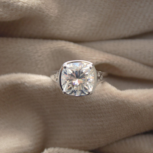 Cushion Cut Moissanite 925 Sterling Silver Ring, Prong Set Engagement Ring, Vintage Silver Ring, Lightweight Travel Jewelry, Gift for Him