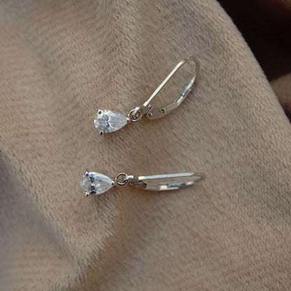 Sterling Silver Moissanite Stone Lever Back Earrings, 925 Silver Drop Earrings for Her, Pear Cut Stone Earrings, Handmade Vintage Earrings