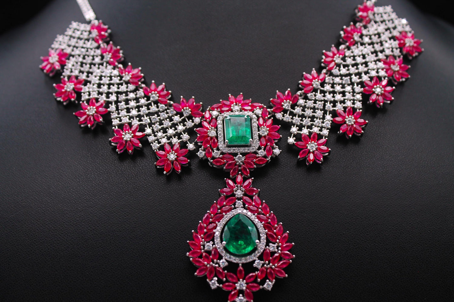 Ruby, Emerald with Moissanite Necklace, Party Wear 925 Sterling Silver Jewelry Set, Anniversary Gift For Wife, Beautiful Wedding Necklace