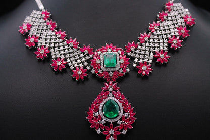 Ruby, Emerald with Moissanite Necklace, Party Wear 925 Sterling Silver Jewelry Set, Anniversary Gift For Wife, Beautiful Wedding Necklace