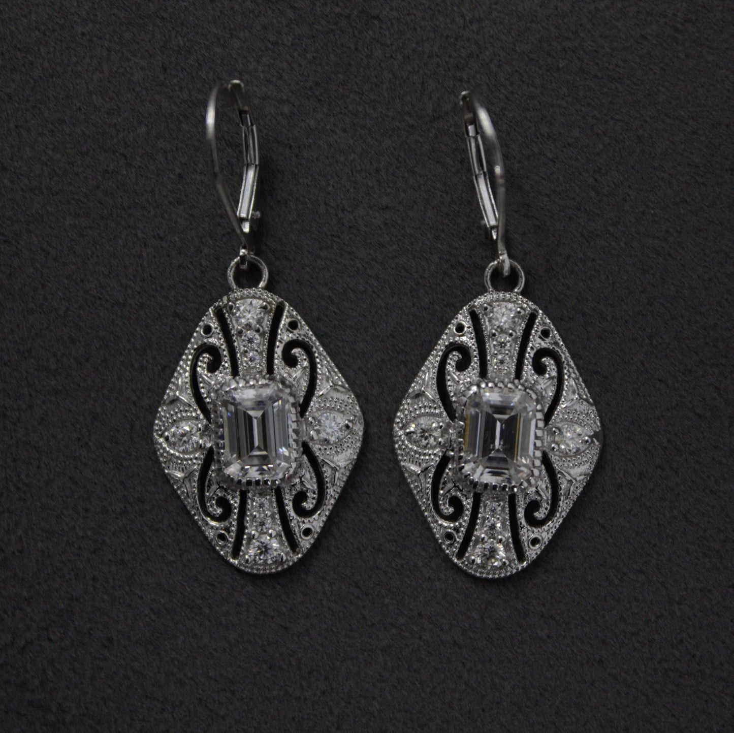 Vintage Style Moissanite Dangle Earrings, 925 Sterling Silver Art Deco Earrings, Antique Filigree Design Earrings, Emerald Cut Earrings