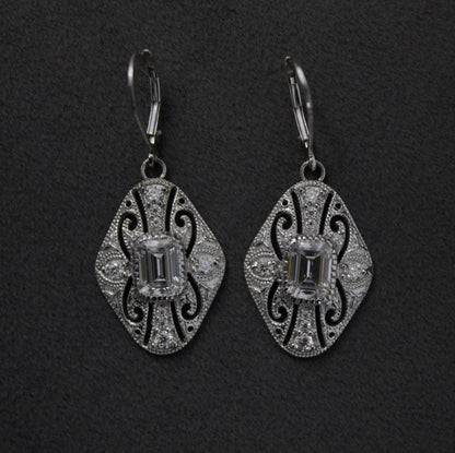 Vintage Style Moissanite Dangle Earrings, 925 Sterling Silver Art Deco Earrings, Antique Filigree Design Earrings, Emerald Cut Earrings