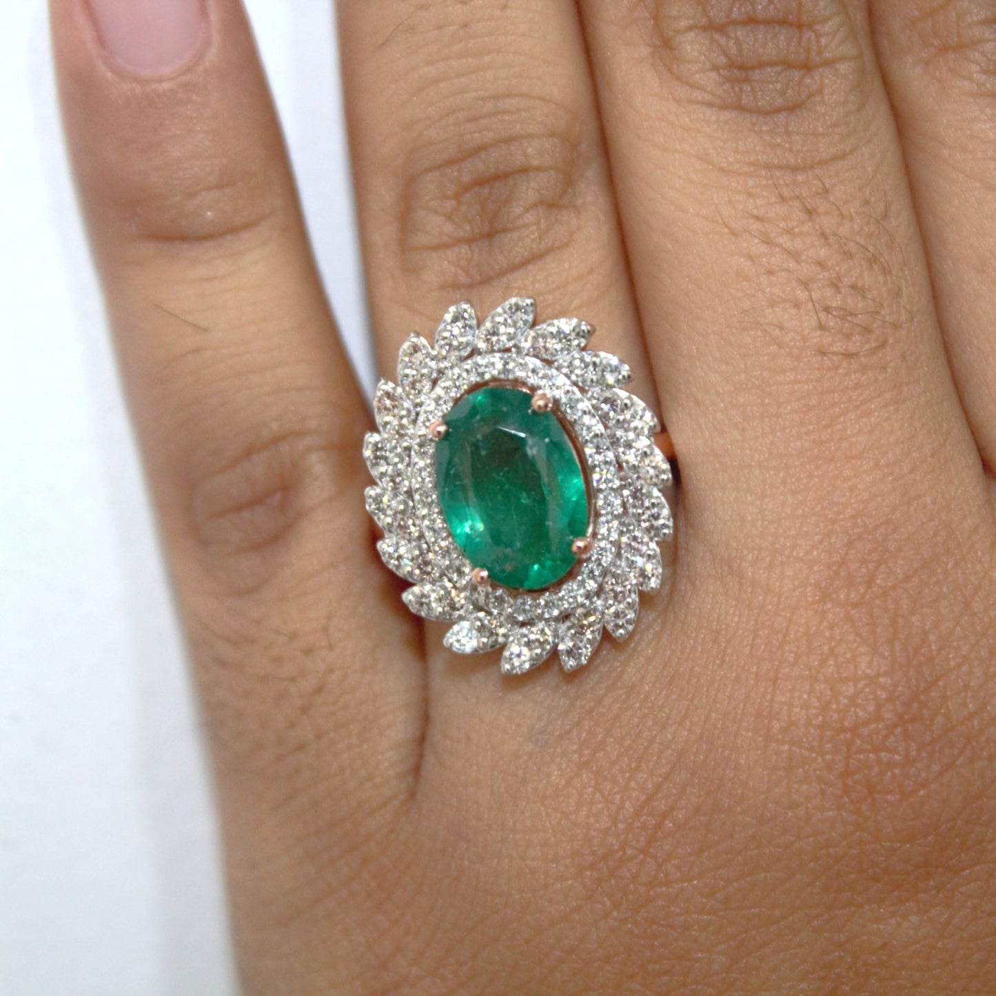Natural Emerald with Natural Diamonds, Solid Rose Gold Ring for Birthday Gift, Elegant Real Diamond with Real Gold Ring