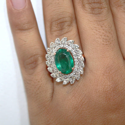 Natural Emerald with Natural Diamonds, Solid Rose Gold Ring for Birthday Gift, Elegant Real Diamond with Real Gold Ring