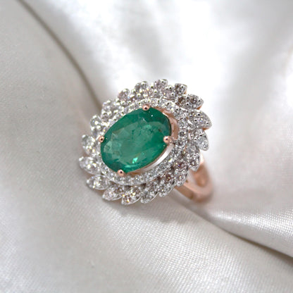 Natural Emerald with Natural Diamonds, Solid Rose Gold Ring for Birthday Gift, Elegant Real Diamond with Real Gold Ring