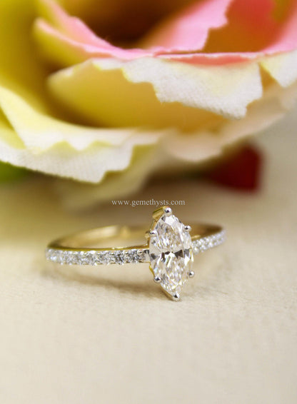 1 Carat Marquise Lab-Grown Diamond Ring, Custom Engagement/Wedding Ring, Statement Gold Ring, CVD/HPHT Diamond Ring, Gold Ring for Her
