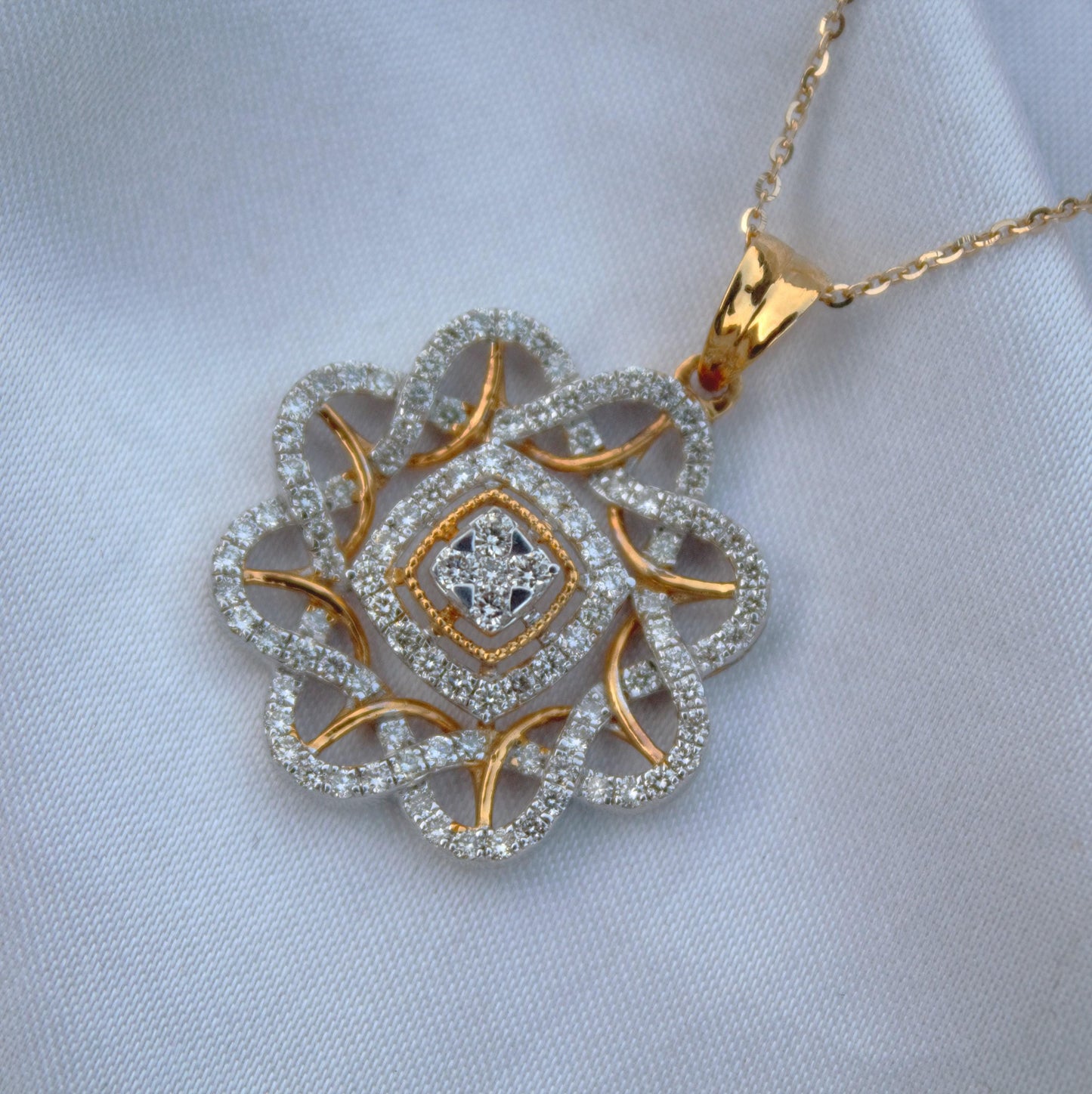 18k Yellow Gold Designer Necklace Earrings Set, Real Diamond Jewelry Set for Bridesmaids, Halo Jewelry in Gold, Anniversary Gift for Wife