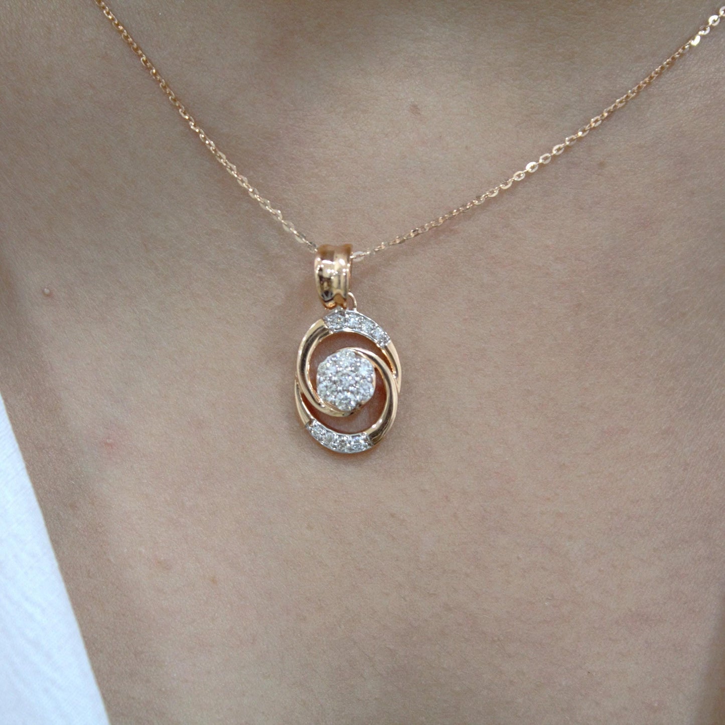 Natural Diamond Pendant Earrings Set, 18k Rose Gold Bridal Jewelry Set, Minimalist Oval Shape Pendant with Stud Earrings, Gift for Women