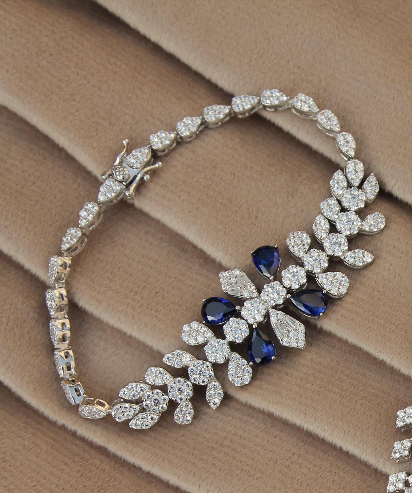 Silver CZ Necklace Set, 925 Sterling Silver Necklace with Earrings- Ring- Bracelet, CZ Stones with Synthetic Sapphire Bridal Jewelry Set