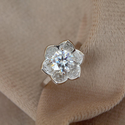 Floral Moissanite Silver Ring - Vintage Flower Engagement Ring, Nature-Inspired Promise Ring, 925 Sterling Silver Unique Bridal Jewelry Gift