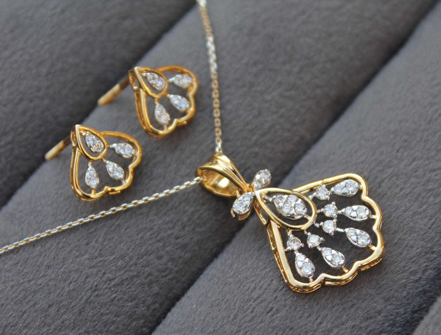 Natural Diamond IGI Certified Gold Jewelry Set, Designer Minimalist Necklace Earrings Set for Her, Dainty Diamond Gold Jewelry Gift For Her