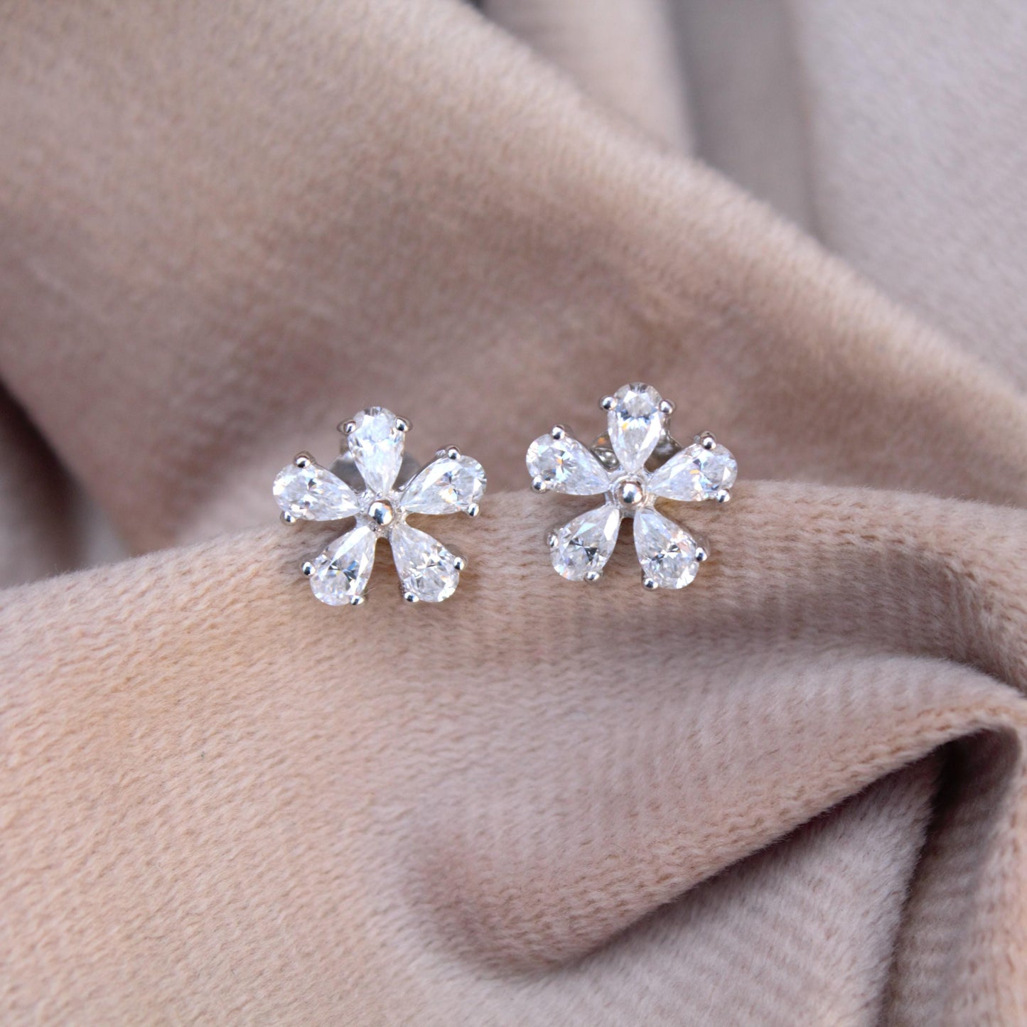 925 Sterling Silver Moissanite Tiny Floral Stud Earrings, Silver Stud Earrings for Her, Minimalist Pear Stud Earrings, Perfect Birthday Gift