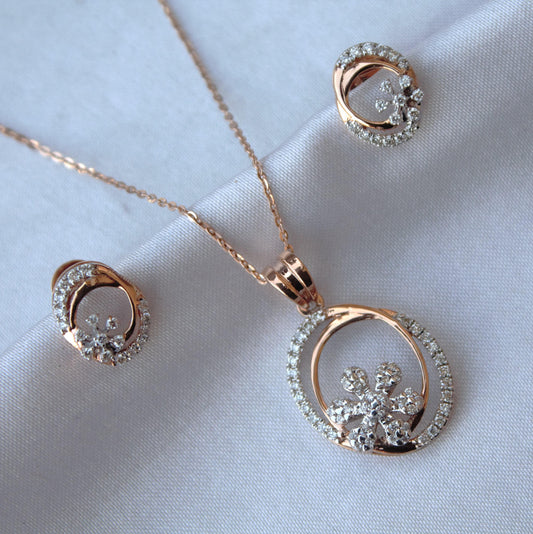 IGI Certified Diamond Gold Jewelry Set, 18k Rose Gold Pendant Necklace with Stud Earrings, Designer Gold Jewelry for Women, Wedding Gift